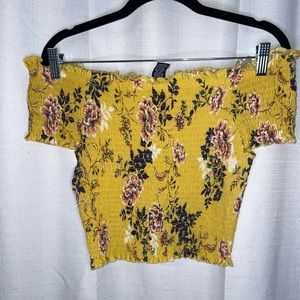 Off the shoulder ruffle yellow floral shirt